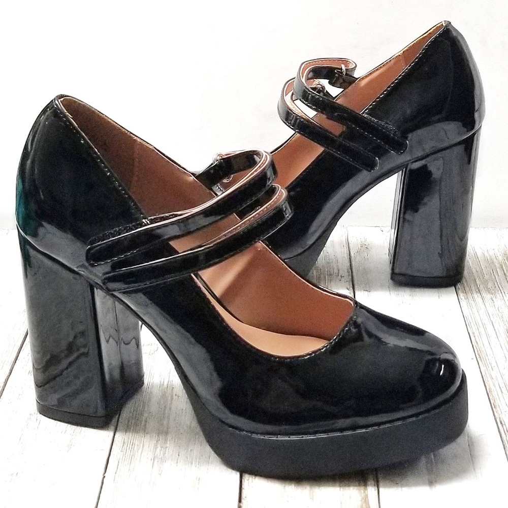 New Black Patent Mary Jane Platform Chunky Heel Pumps